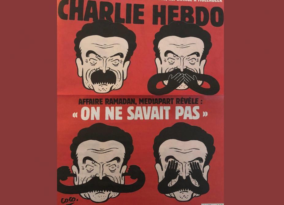 La Une de Charlie Hebdo du 8 novembre, mettant en scène Edwy Plenel à la manière des singes de la sagesse. - Twitter
