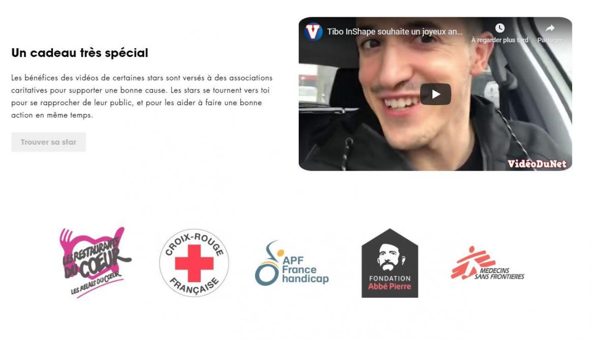 Les associations caritatives mises en avant. Et une vidéo de TiboInShape qui souhaite un anniversaire, sans que ça n’ait le moindre lien avec le site web celebrily.com.