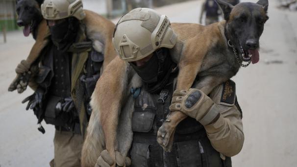 Des sauveteurs portent leurs chiens après avoir cherché des corps sur le site d’un glissement de terrain qui a dévasté Las Tejerias, au Venezuela.