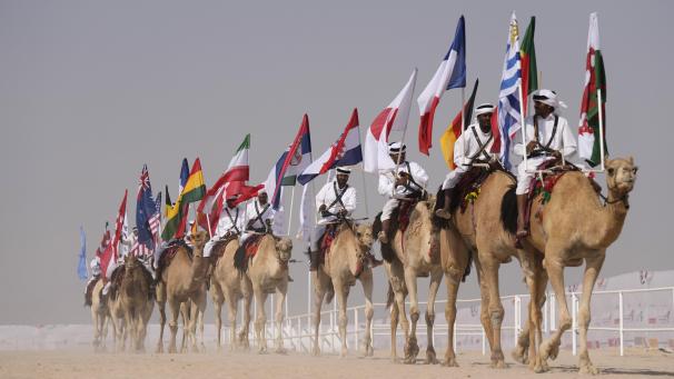 Des chameaux défilent avec des drapeaux lors d