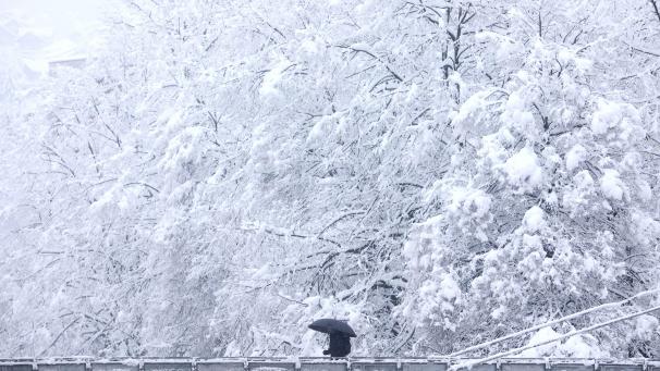 Un homme portant un parapluie traverse un pont lors de fortes chutes de neige à Sarajevo, Bosnie-Herzégovine.
