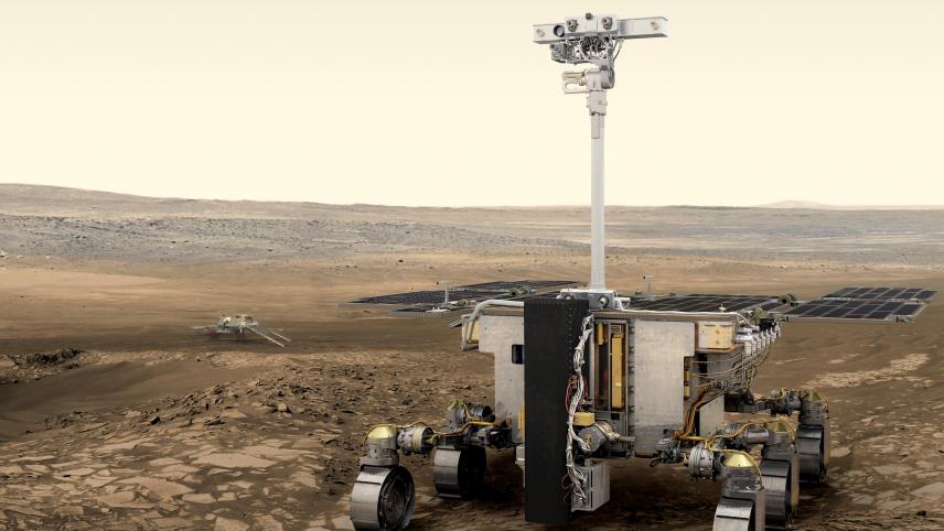 Le rover européen ExoMars foulera le sol martien au printemps 2021, comme ici sur cette vue d’artiste.