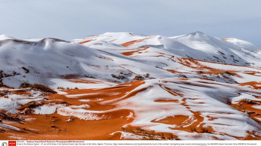La neige est tombée pour la seconde fois en quarante ans dans le désert du Sahara. Actuellement, environ 40 centimètres de poudreuses recouvrent le sable du désert le plus chaud du monde. Un spectacle merveilleux !