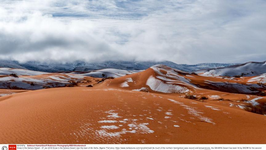 La neige est tombée pour la seconde fois en quarante ans dans le désert du Sahara. Actuellement, environ 40 centimètres de poudreuses recouvrent le sable du désert le plus chaud du monde. Un spectacle merveilleux !