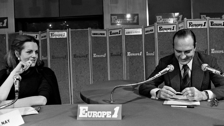 Catherine Nay et le président du RPR Jacques Chirac en 1978 dans l'émission «Le Club de la presse», dans les studios de la radio Europe 1, à Paris.