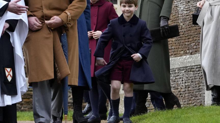 Le Prince Louis ç la sortie de la messe de Noël à l'église St Mary Magdalene à Sandringham dans le Norfolk, en Angleterre, dimanche 25 décembre 2022.