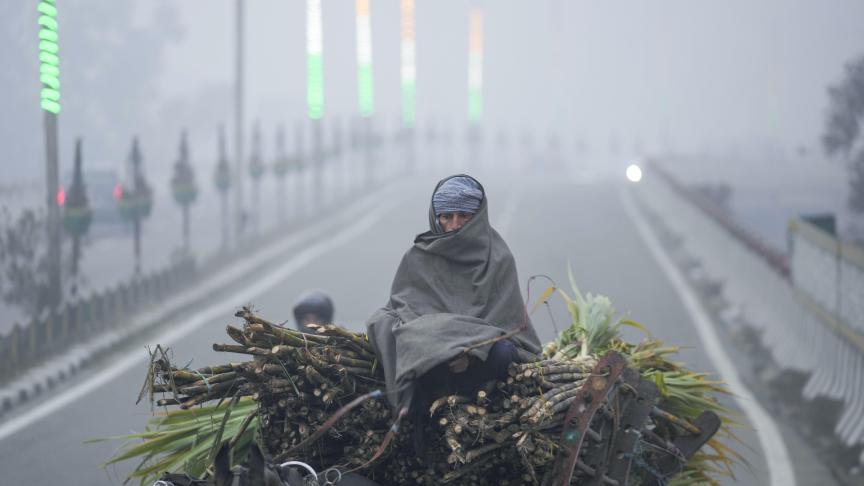 Un homme se couvre d'une couverture et monte sur une charrette à cheval par une matinée froide et brumeuse à Jammu, en Inde.