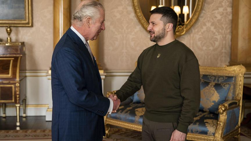 Le roi Charles III reçoit le président ukrainien Volodymyr Zelenskyy au palais de Buckingham le mercredi 8 février 2023. Il s'agit de la première visite au Royaume-Uni du président ukrainien depuis le début de la guerre, il y a près d'un an.